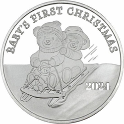 2024 Babys First Christmas Sledding Bears 1 oz Silver Round silver, rounds, silver coins, 1 oz silver, 999 silver, christmas, silver, fine silver coins, holiday